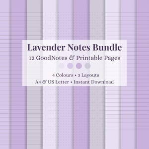 Peut inclure: Un ensemble de papeterie numérique intitulé Lavender Notes Bundle comprenant 12 pages GoodNotes et imprimables en 4 couleurs et 3 mises en page. Le fond affiche des rayures verticales dans diverses nuances de lavande avec des motifs lignés et pointillés.