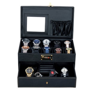 Hard Craft Kunstleer Horlogedoos Organizer Case Box Horloge Collecties 3-cijferig combinatieslot met 10 sleuven en lade voor mannen vrouwen