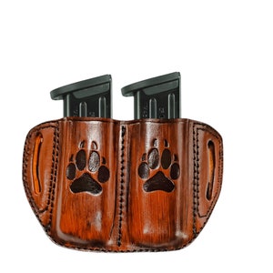 Double clip/étui pour magazines en cuir personnalisable OWB marron/noir pour une pile 1911
