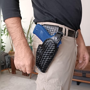 Ruger P85 - P89 - P90 - P93 - P94 - P95 - P97 - P345 Field Holster Genuine Leather Handmade Basket Weave Thumb Break Belt Tunnel Right Hand