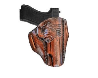 Leather Special Engraved Flag and Eagle Holster Fits Glock - 17, 19, 21, 26, 27, 30, 42, 43, 43X, 45 - Handcrafted Fast Draw OWB Holster