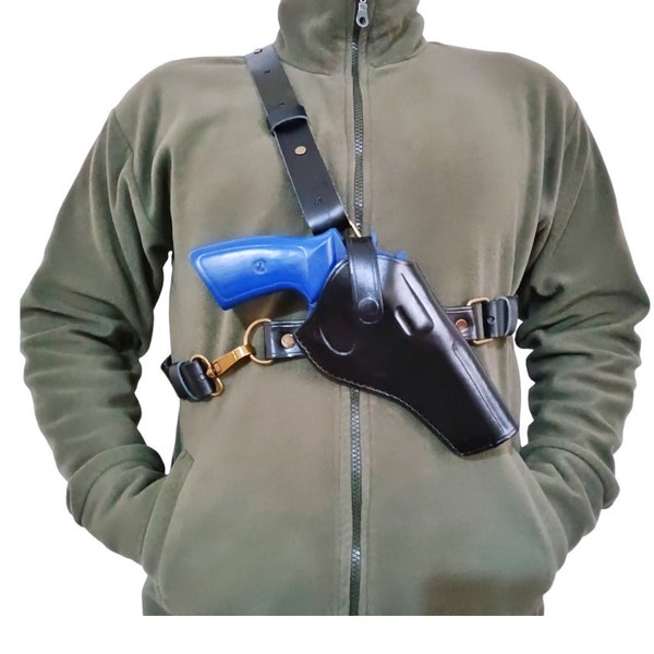 Handgefertigter Hunter Brusthalfter mit Magazintasche, Leder Brusthalfter passend für Smith und Wesson, S&W Modell 586 Oder 686, Revolverhalfter