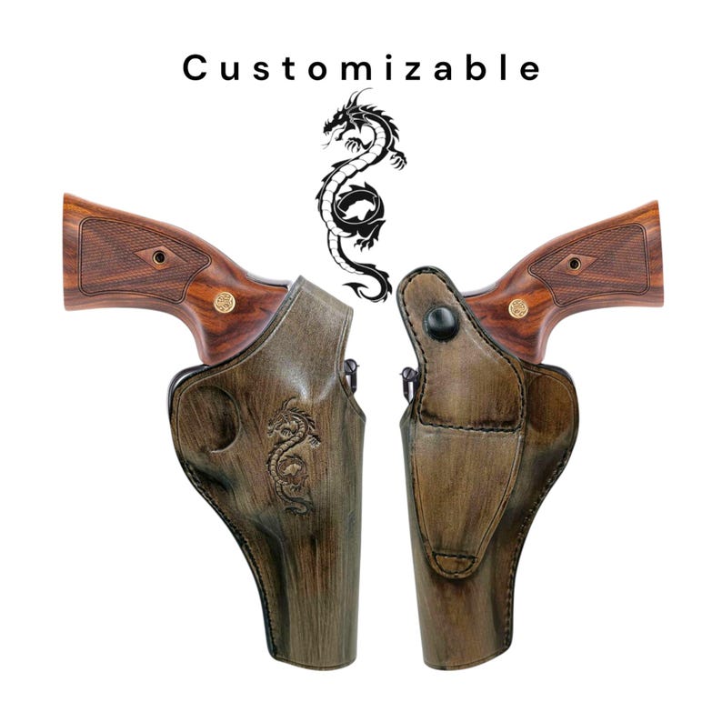 May include: Two brown leather gun holsters with a dragon design, shown side-by-side. The holsters are embossed with a dragon motif and feature a wooden grip. The word "Customizable" is above the holsters.