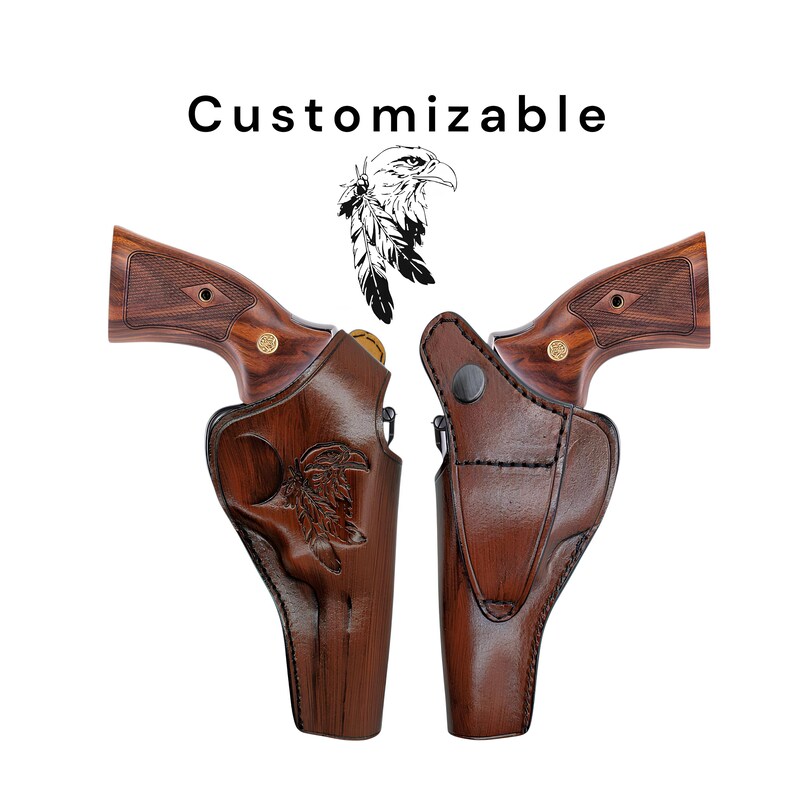 May include: Two brown leather gun holsters with a wooden handle. One holster has a carved eagle design. The text "Customizable" is above the holsters, with an eagle illustration. The holsters are displayed against a white background.