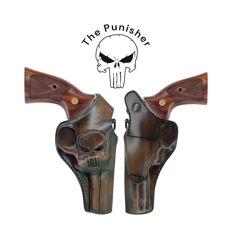 May include: A brown leather holster with a skull design. The holster is for a revolver and has a wood grain pattern. The text "The Punisher" is above the skull.