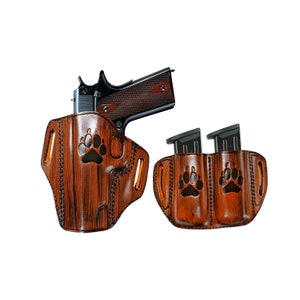 Leather Pancake Holster with Spare Double Pouch Fits Colt Springfield Ruger Remington RIA ATI STI Citadel Sig Taurus Model 1911, Fast Draw