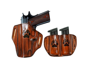 Leather Pancake Holster with Spare Double Pouch Fits Colt Springfield Ruger Remington RIA ATI STI Citadel Sig Taurus Model 1911, Fast Draw