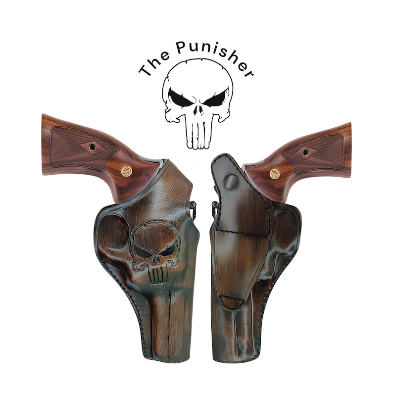 May include: Two brown leather gun holsters with a skull design and the text "The Punisher" above. The holsters are designed to fit a revolver, with wooden handles. The holsters are displayed against a white background.