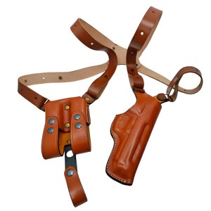 Vertical Shoulder Carry Leather Holster w Double Magazine Fits Beretta | F92 | 92FS | M9 -M9A4 - A3 - A2 - A1 | 92X | APX