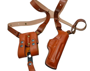 Vertical Shoulder Carry Leather Holster w Double Magazine Fits Beretta | F92 | 92FS | M9 -M9A4 - A3 - A2 - A1 | 92X | APX