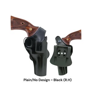 May include: Two black gun holsters with a plain design. The holsters are shown with the handles of the guns visible, featuring brown wooden grips. The text "Plain/No Design ~ Black (R.H)" is at the bottom.
