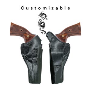 May include: Two revolvers with wooden grips are shown with black leather holsters. The holsters feature a dragon design and are set against a white background. The word "Customizable" is above the revolvers.