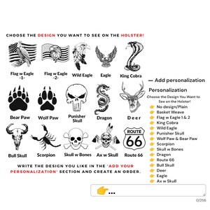 Puede incluir: Imagen que muestra varias opciones de dise&ntilde;o para una funda, incluyendo banderas con &aacute;guilas, una cobra, huellas de oso, una calavera, un drag&oacute;n, un ciervo y la Ruta 66. El texto indica elegir un dise&ntilde;o y personalizar el pedido.