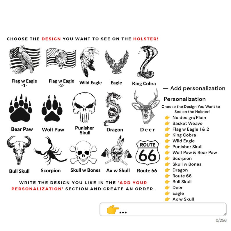 Puede incluir: Imagen que muestra varias opciones de dise&ntilde;o para una funda, incluyendo banderas con &aacute;guilas, una cobra, huellas de oso, una calavera, un drag&oacute;n, un ciervo y la Ruta 66. El texto indica elegir un dise&ntilde;o y personalizar el pedido.