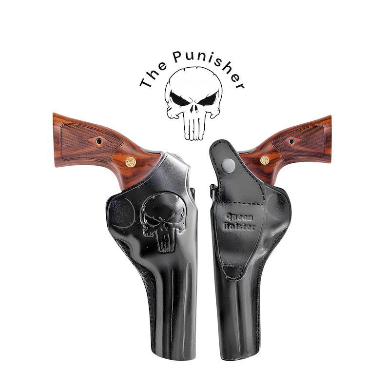 May include: Two black leather gun holsters with the Punisher skull logo embossed on one and the text "Queen Holster" on the other. The holsters are displayed with two revolvers with wooden grips. The Punisher logo and text "The Punisher" are above the holsters.