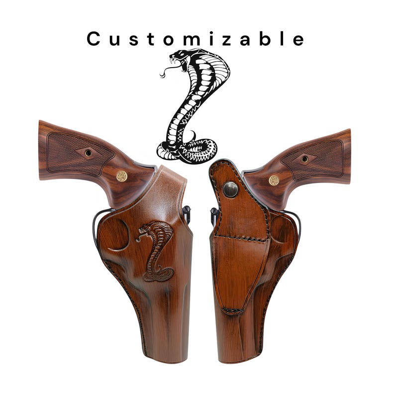 May include: Two brown leather gun holsters with a cobra design, and wooden gun handles. The word "Customizable" is above the holsters. The holsters are designed to hold a revolver.