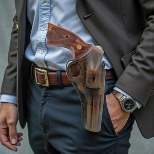 Puede incluir: Una funda de cuero marr&oacute;n con un rev&oacute;lver, llevada en un cintur&oacute;n de cuero marr&oacute;n. El rev&oacute;lver tiene una empu&ntilde;adura de madera. La persona lleva una camisa azul, pantalones oscuros y una blazer marr&oacute;n. Se ve un reloj en la mu&ntilde;eca.