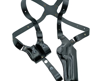Axelbärande läderhölster med dubbel Speedloader-ficka passar Ruger GP100 och Ruger SP101, vertikalt axelbärande hölstersystem