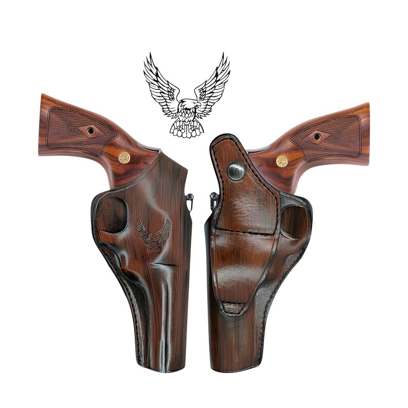 May include: A brown leather holster for a revolver with a wood grain pattern. The holster has an eagle design embossed on the side.