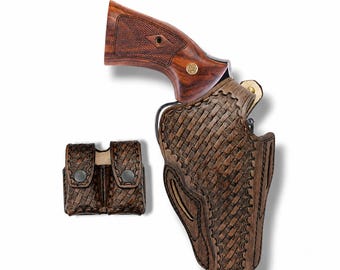 Funda de cuero tejida a mano con cierre de pulgar y bolsa portacargador doble GRATIS: Colt King Cobra Target 22 LR