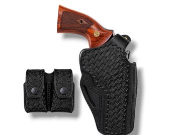 Funda de cuero tejida a mano con cierre de pulgar y bolsa portacargador doble GRATIS: Colt King Cobra Target 22 LR