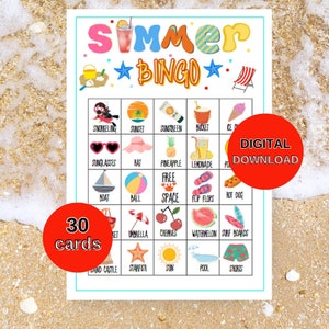 Bingo de verano, juego de bingo, 30 cartones de bingo de verano, juegos de verano, bingo de vacaciones de verano, juegos de verano para niños, bingo imprimible, bingo para niños
