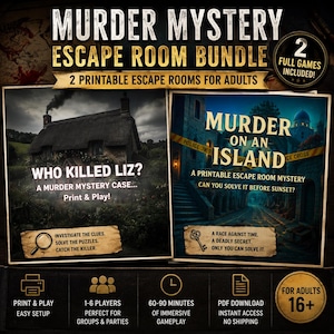Könnte beinhalten: Ein Bundle mit zwei druckbaren Escape-Room-Spielen zum Thema Mord für Erwachsene. Ein Spiel trägt den Titel "Who Killed Liz?" und das andere "Murder on an Island". Das Bundle enthält Hinweise, Rätsel und immersives Gameplay für 1-6 Spieler.