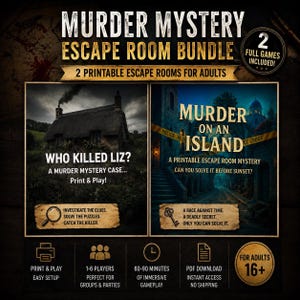 Pode incluir: Um pacote de jogos de escape Murder Mystery com dois jogos imprimíveis para adultos. A imagem mostra dois títulos, Who Killed Liz? e Murder on an Island, com gráficos temáticos, ícones de jogo e texto indicando 1-6 jogadores.
