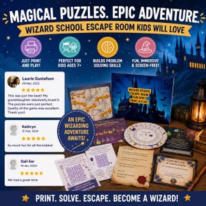 May include: A collection of wizard-themed escape room puzzles for kids. The image features a box set with various game components, including maps, potion cards, and a certificate. Text on the box reads "Wizard School Escape Room for Kids! Print & Play!"