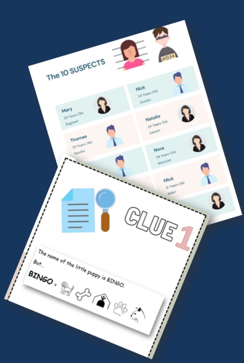 May include: A printable game board with a magnifying glass and the text "Clue 1". The game board is for a mystery game with 10 suspects. Each suspect has a name, age, and profession. The game board also includes a bingo card with a dog, bone, doghouse, paw print, and cat.