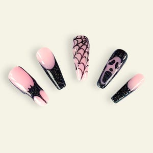 Hand-Painted Halloween Press-On Nails: Spooky Bat & Cobweb Coffin Long Gel Nails