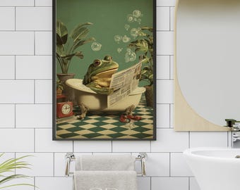 Funny Frog Reading Newspaper Art, Vintage Bathroom Wall Decor, Frog in Bathtub Print, Quirky Animal Poster, Retro Printable Frog Lover Gift