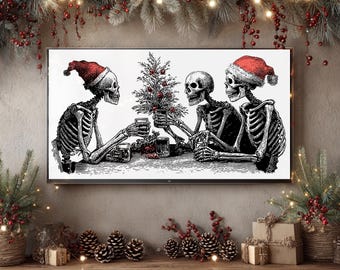 May include: A black and white illustration on a rectangular screen featuring three skeletons sitting at a table. Two skeletons wear red Santa hats. They are holding small glasses and a small Christmas tree is positioned in the centre of the table.