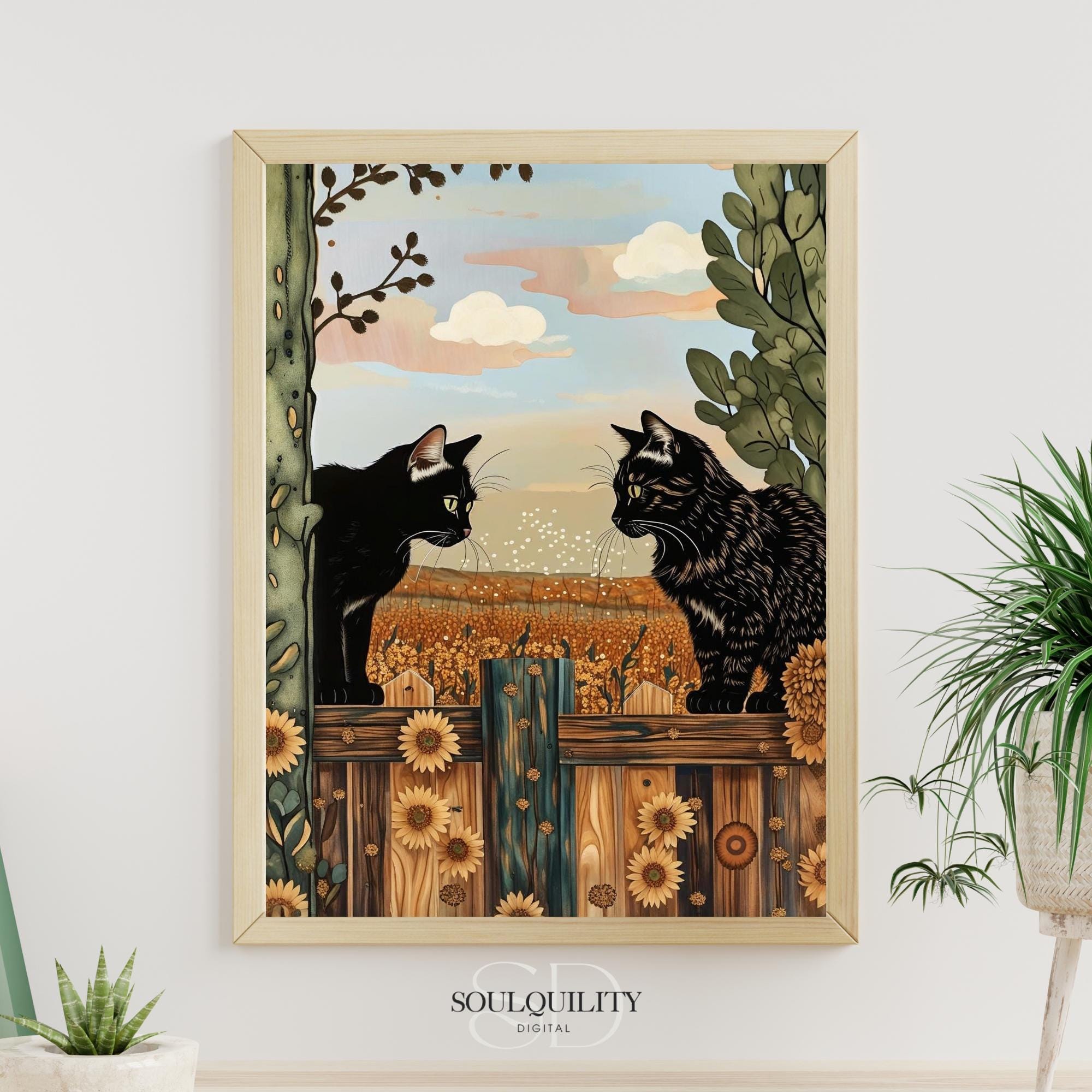 Cat Wall Art, Sunflower Printable Wall Art, Black Cat