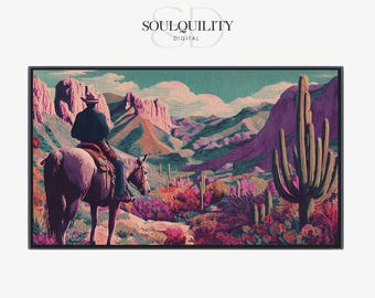 southwestern Desert Cowboy Landscape TV Art, Mountain Landscape Rustic Scene Painting for Home or Office Decor, Digital Download