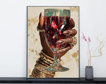 Black Woman Holding Elegant Glass Printable Wall Art, Trendy African American Aesthetic Poster, Afrocentric Home Decor, instant Download