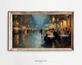 Romantic Paris Cafe Art, Couple Dining Night Scene Painting, Moody Impressionist Wall Decor, Digital Framed TV Art