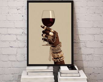 Black Woman Holding Elegant Glass Printable Wall Art, Trendy African American Aesthetic Poster, Afrocentric Home Decor, Digital Download