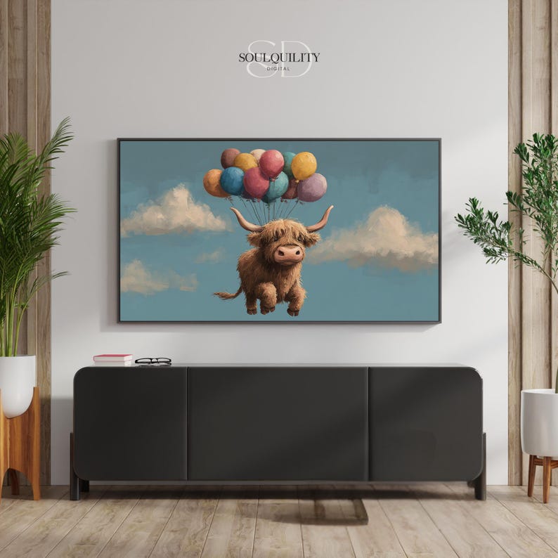 Framed TV Art Highland Cow Balloons, Bedroom Decor TV Display, Floating ...