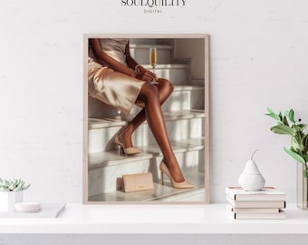 Black Woman holding elegant glass Wall Art Print, Luxury Fashion Aesthetic, Elegant Neutral Decor, digital download