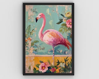 May include: A framed wall art print featuring a pink flamingo standing in profile against a textured teal background. The composition includes painted floral elements in shades of yellow, pink, and green, with a horizontal yellow band at the base.