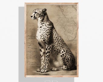 Cheetah wall art, safari animal decor, vintage cheetah illustration, wildlife poster, big cat wall art, digital download print
