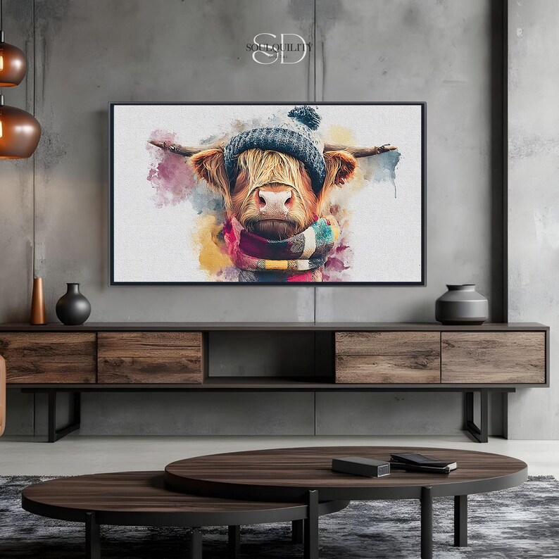 Highland Cow Christmas TV Art With Woolly Hat and Scarf, Festive Winter ...
