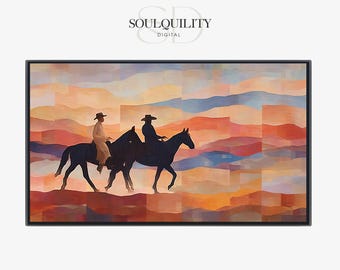 southwestern Cowboys on Horseback TV Art, Western Sunset Landscape Artwork, Digital Download