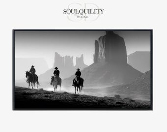 Black and White Western Photograph, Cowboy Horse Wall Art, Monument Valley Landscape, Framed TV Art, Western Home Decor, Digital Download