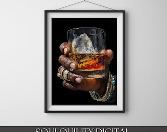 black man art, Whiskey Glass Art Print, Black Background Bar Decor, Masculine Home Wall Artwork, digital download