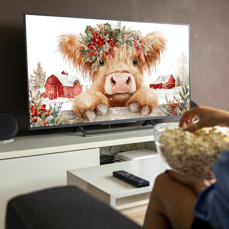 Framed TV Art Highland Cow Christmas, Winter Barn TV Display, Holiday ...