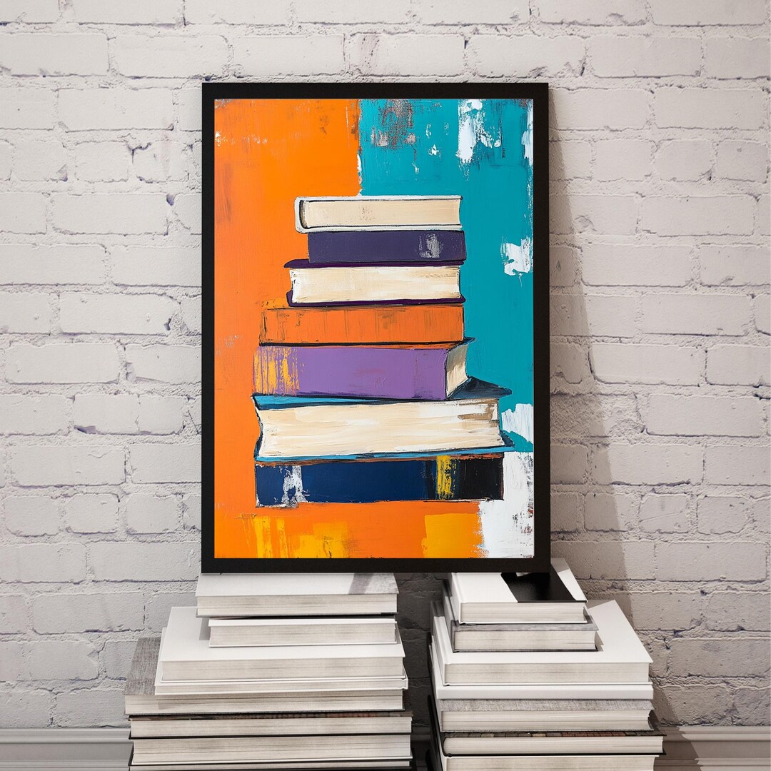 Colorful Abstract Book Stack Wall Art Print, Modern Library Decor ...