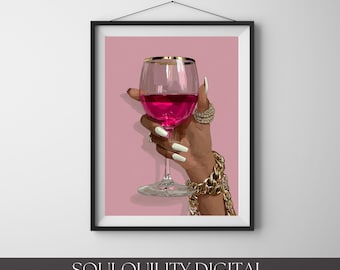 Black Woman Holding Elegant Glass Printable Wall Art, Trendy African American Aesthetic Poster, Afrocentric Home Decor, Digital Download