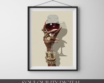 Black Woman Holding Elegant Glass Printable Wall Art, Trendy African American Aesthetic Poster, Afrocentric Home Decor, instant Download